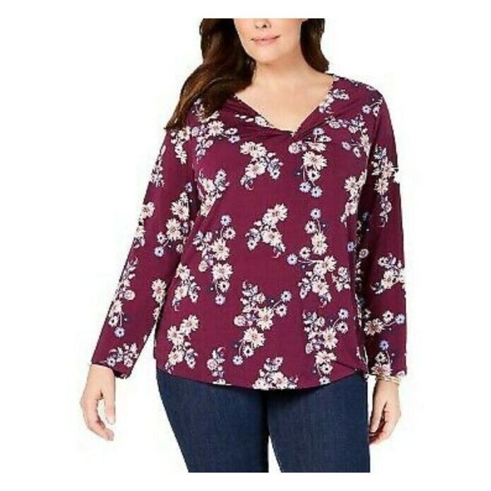 NWT Style & Co Sz 3X Women's Burgundy Floral V Neck Long Sleeve Blouse Plus Top